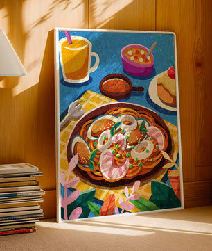 Escena ilustrativa de desayuno colorida con pasta y bebidas