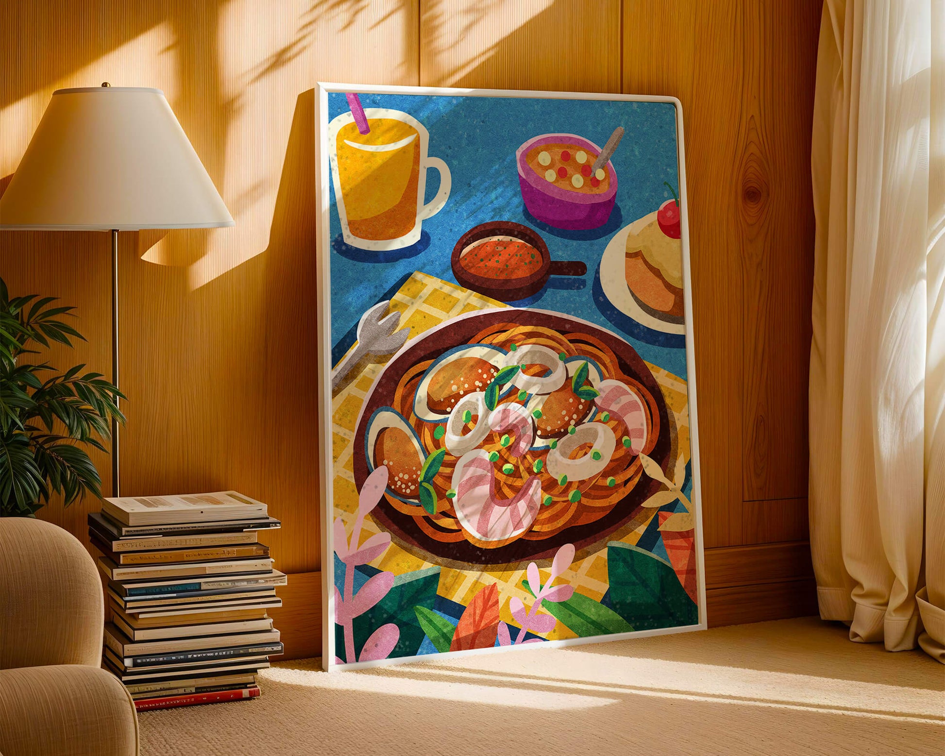 Colorful Illustrative Breakfast Scene with Pasta and Drinks