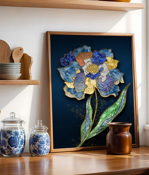 Diseño floral texturizado y colorido con contornos dorados sobre fondo oscuro