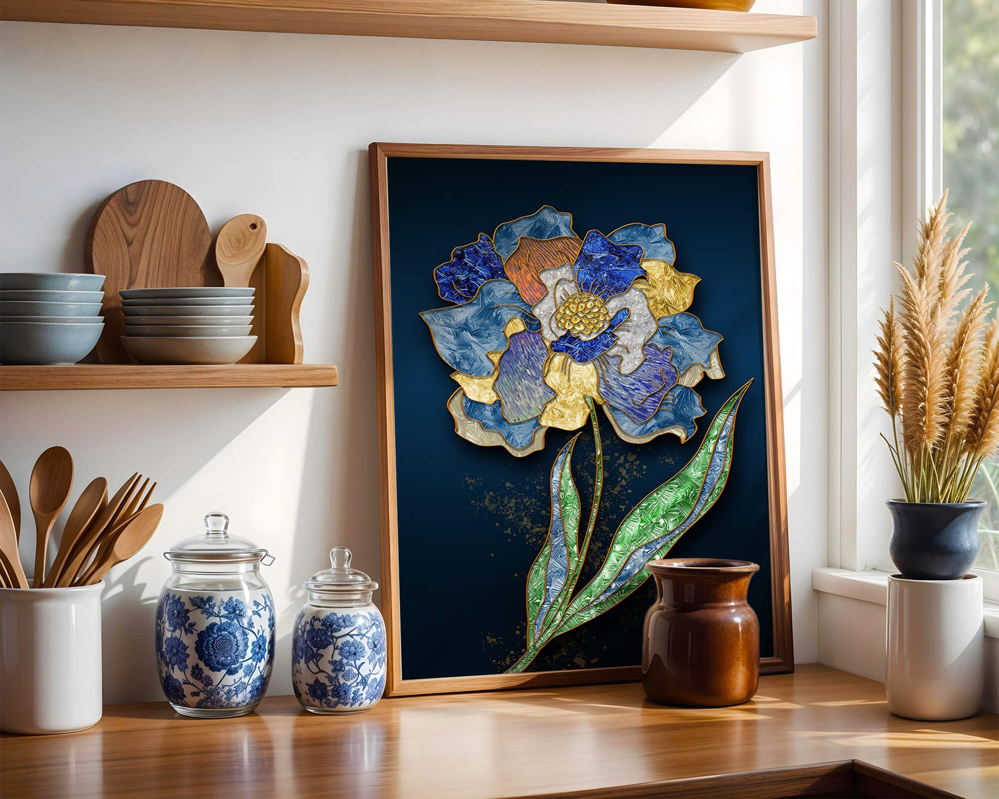 Diseño floral texturizado y colorido con contornos dorados sobre fondo oscuro