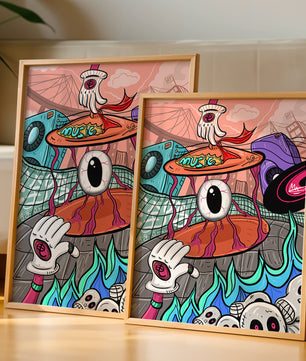 Ilustración abstracta surrealista colorida con un ojo vívido y elementos surrealistas