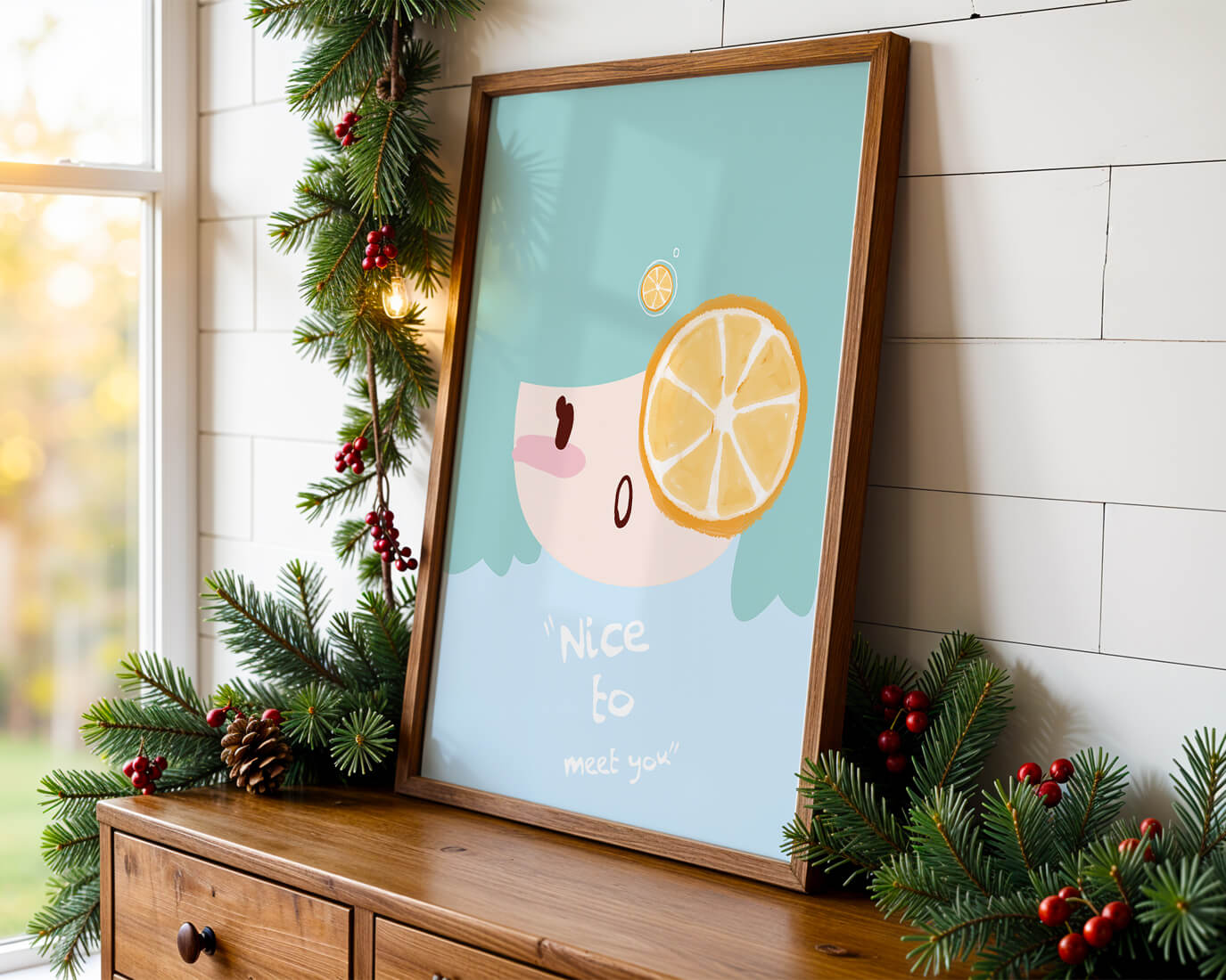 Playful Illustration of a Cartoon Face with Citrus Accent