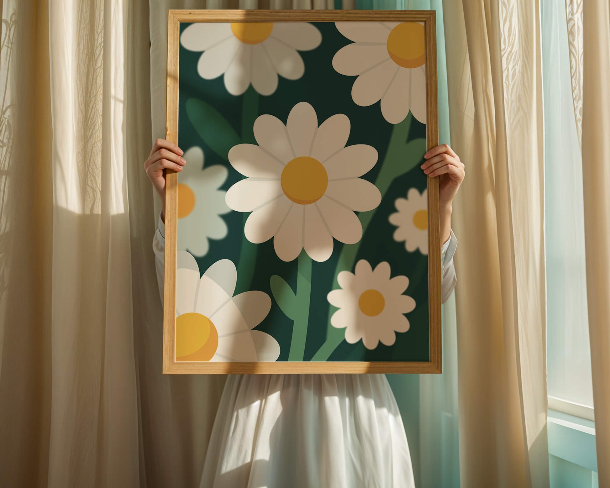 Margaritas sobre fondo verde oscuro con diseño abstracto