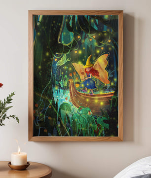 Hada en un bosque encantado con mariposas y faroles luminosos