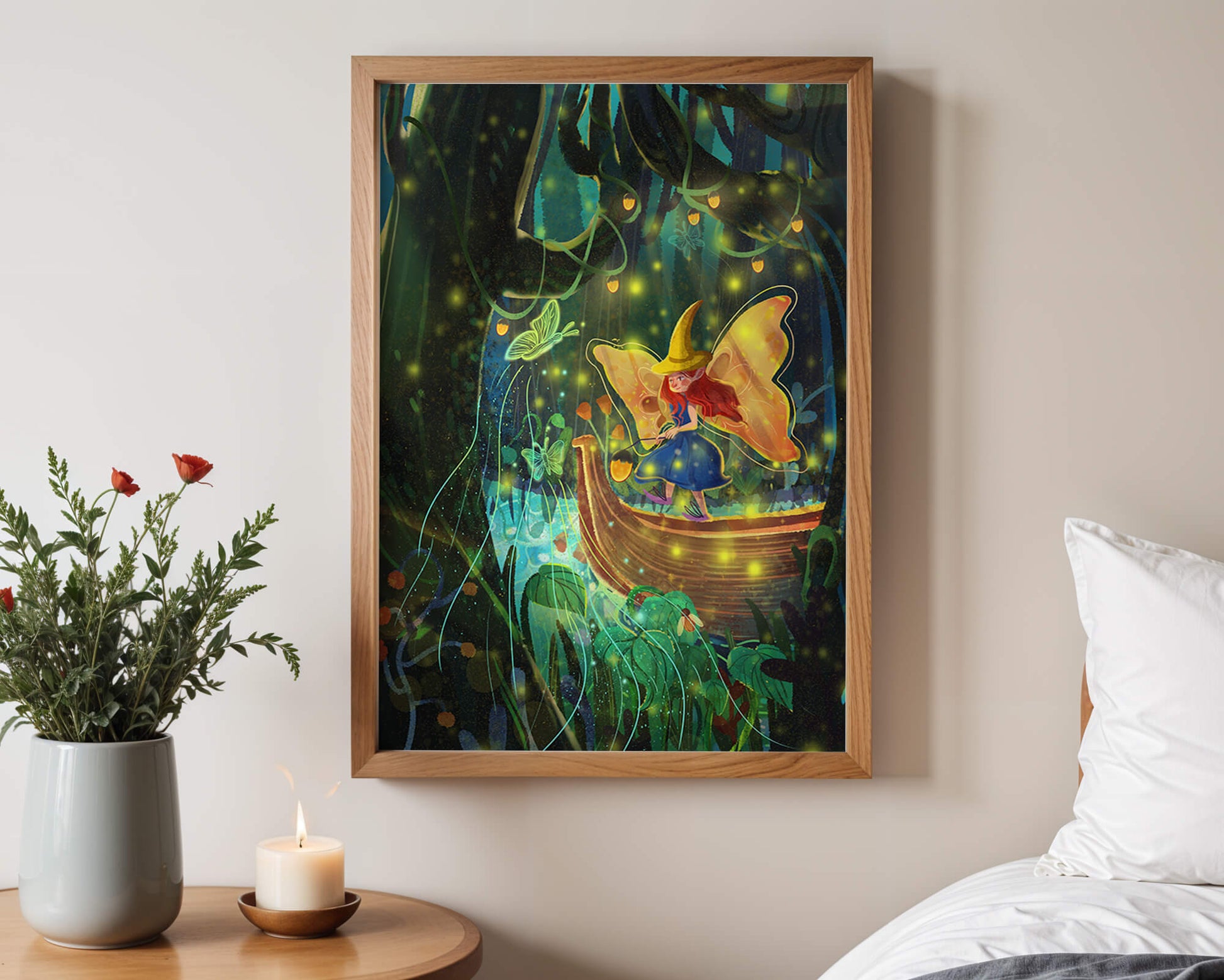 Fairy in an enchanted forest with glowing butterflies and lanterns