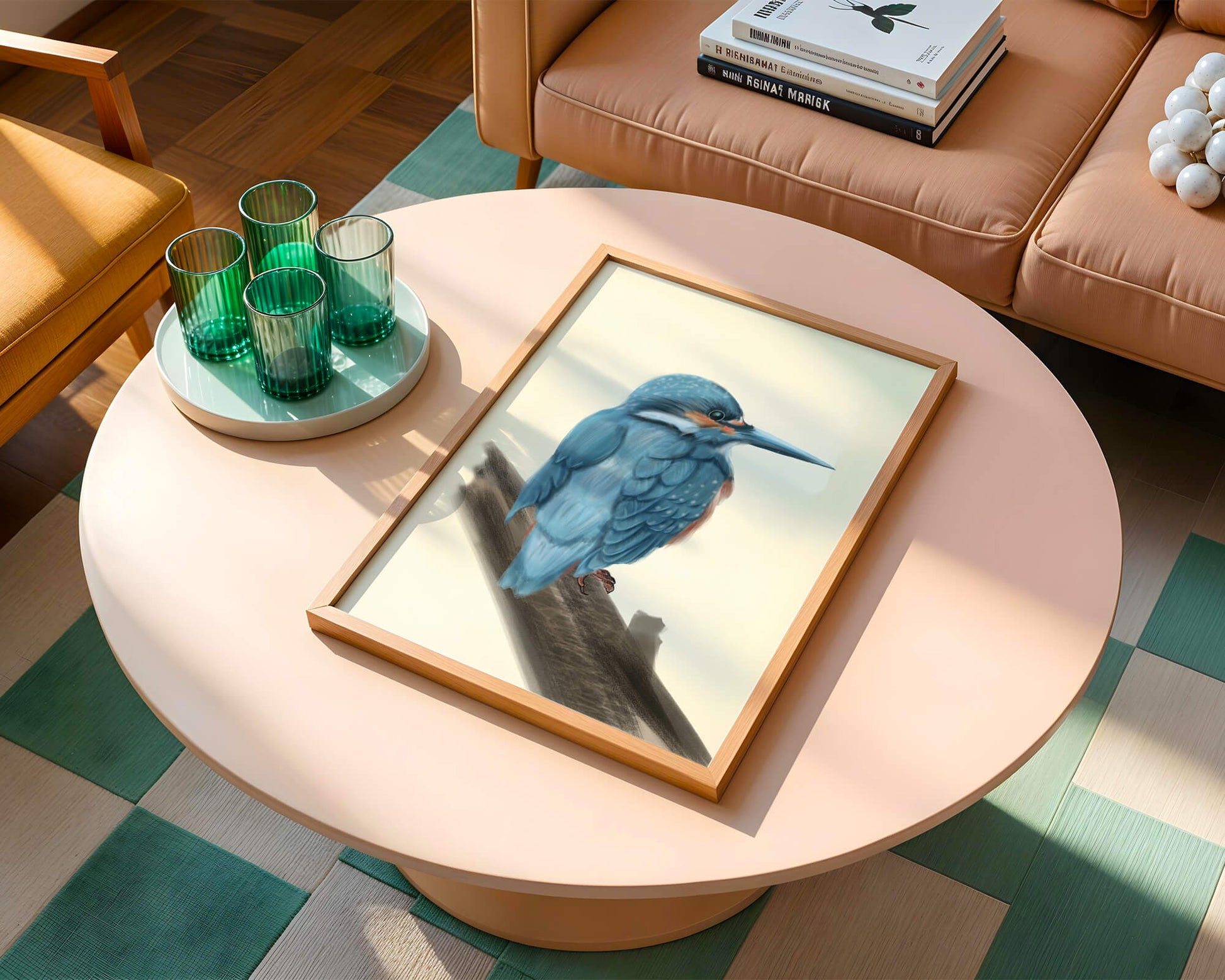 Illustration of a vibrant blue bird on a branch