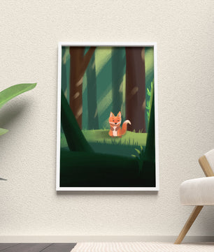 Charmante Illustration eines niedlichen Fuchses in einer ruhigen Waldlandschaft