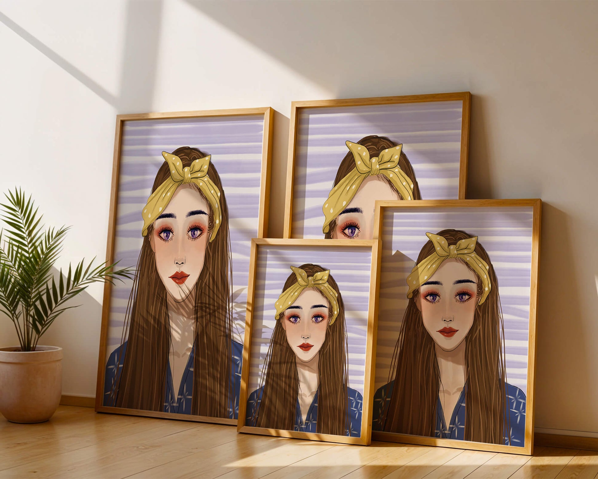 Illustration of a woman with a yellow headband against a striped background