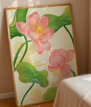 Illustration of pink lotus flowers with green leaves on a pastel background
