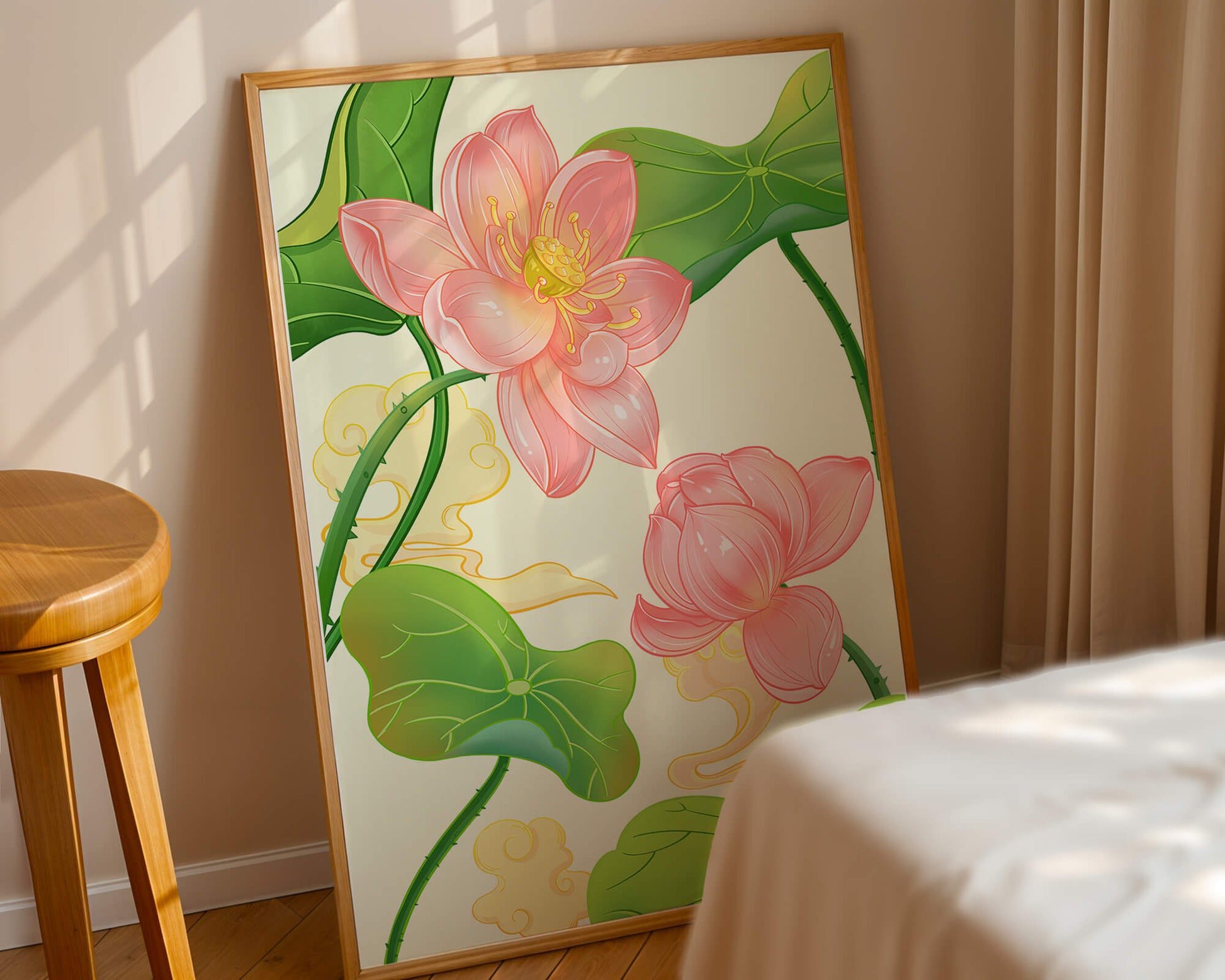 Illustration of pink lotus flowers with green leaves on a pastel background