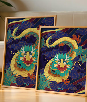 Illustration de dragon coloré avec des nuages ​​et des éléments de feuillage