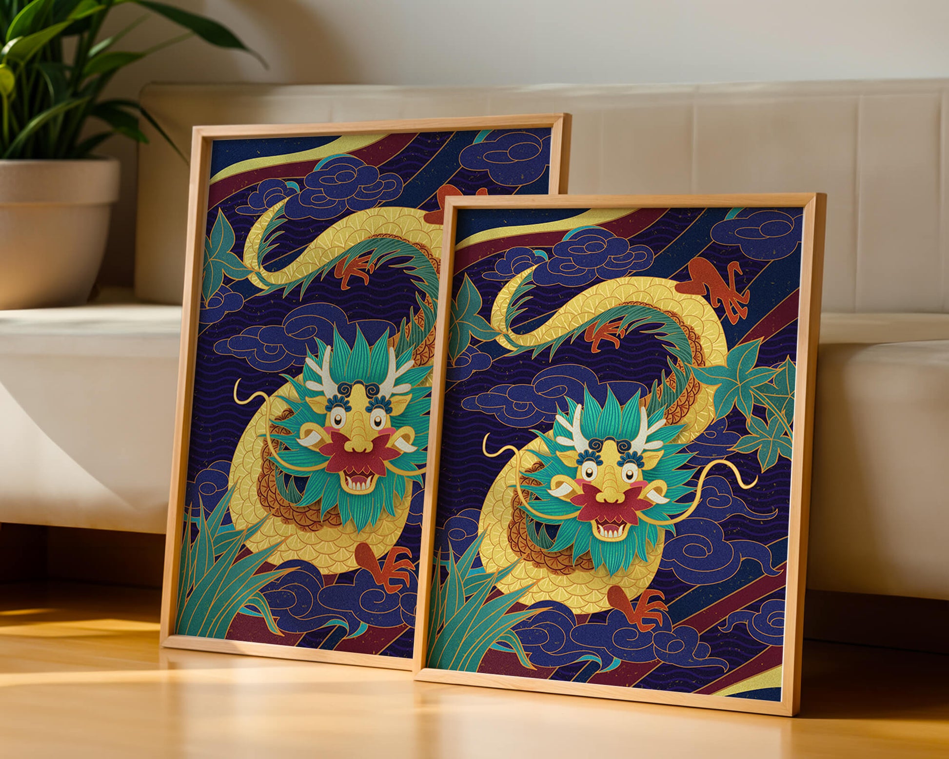Illustration de dragon coloré avec des nuages ​​et des éléments de feuillage