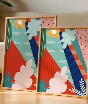 Abstract floral geometric design with vibrant colors and bold patterns