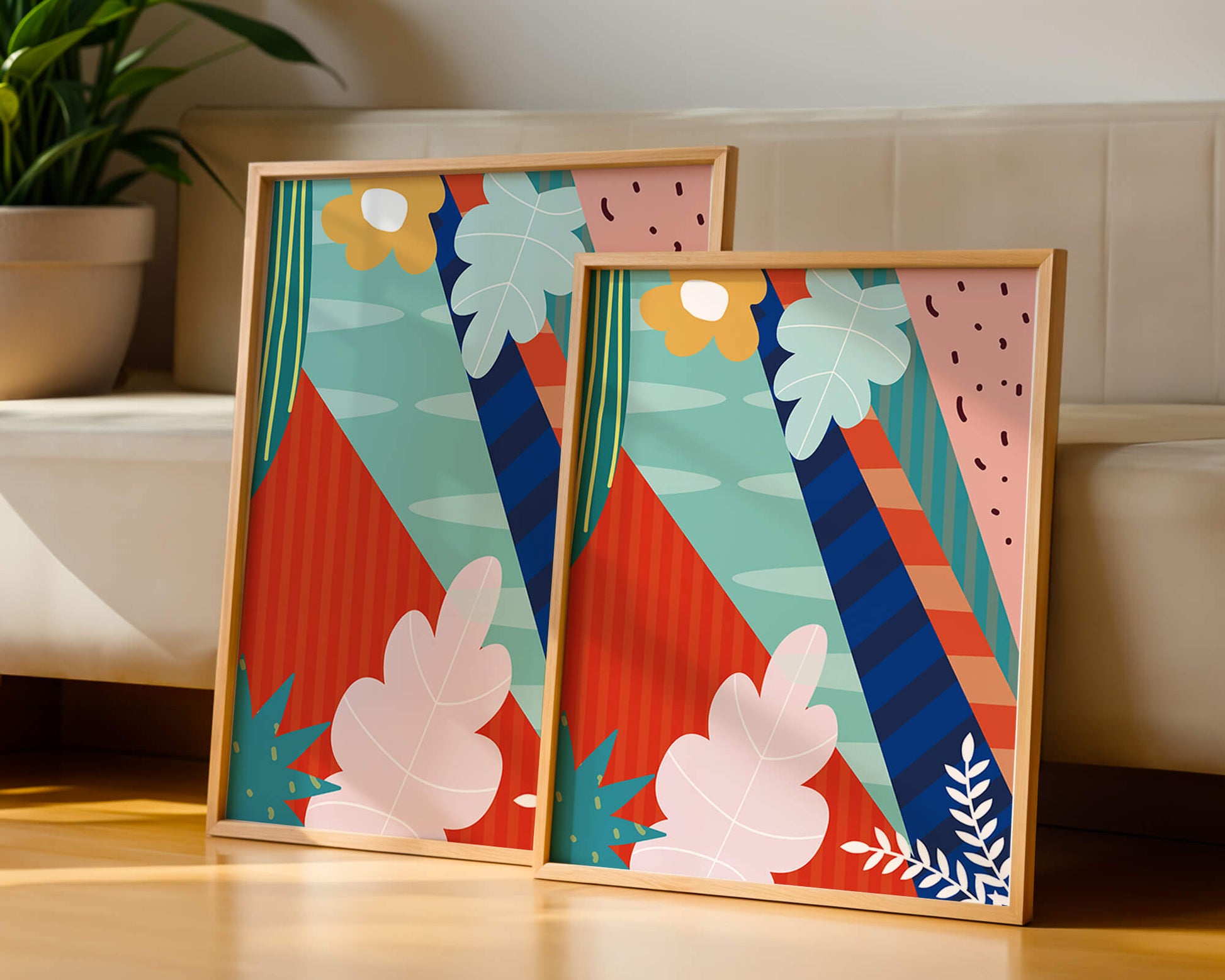 Abstract floral geometric design with vibrant colors and bold patterns