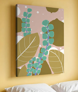 Diseño botánico abstracto con hojas verdes y doradas.