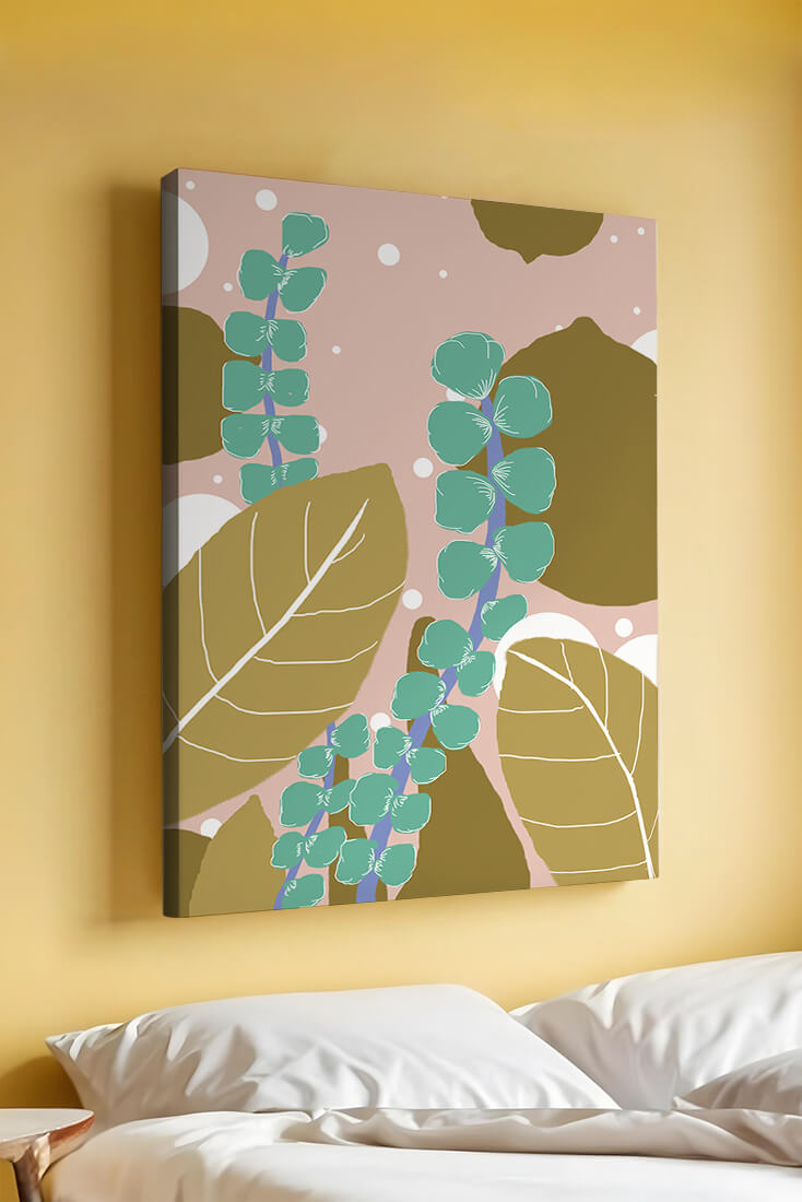 Abstract botanical design with green and golden leaves