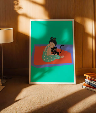 Gemütliche Illustration eines Mädchens, das eine Katze auf einer bunten Matte umarmt