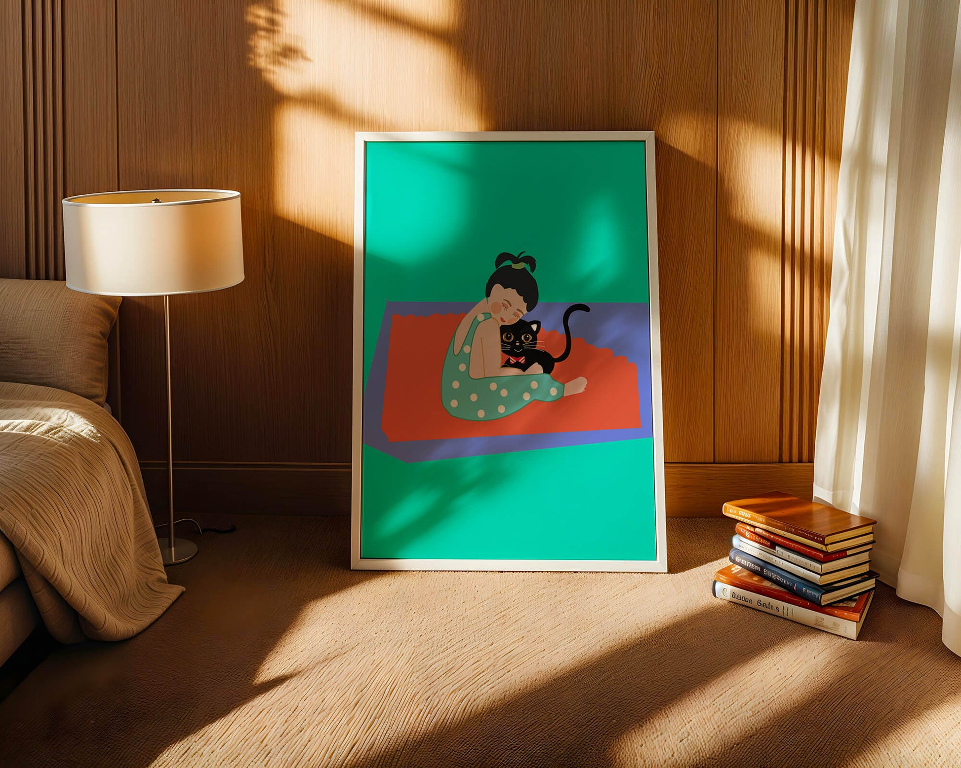 Gemütliche Illustration eines Mädchens, das eine Katze auf einer bunten Matte umarmt