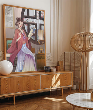 Illustrated scene of a woman in traditional attire reading by a window