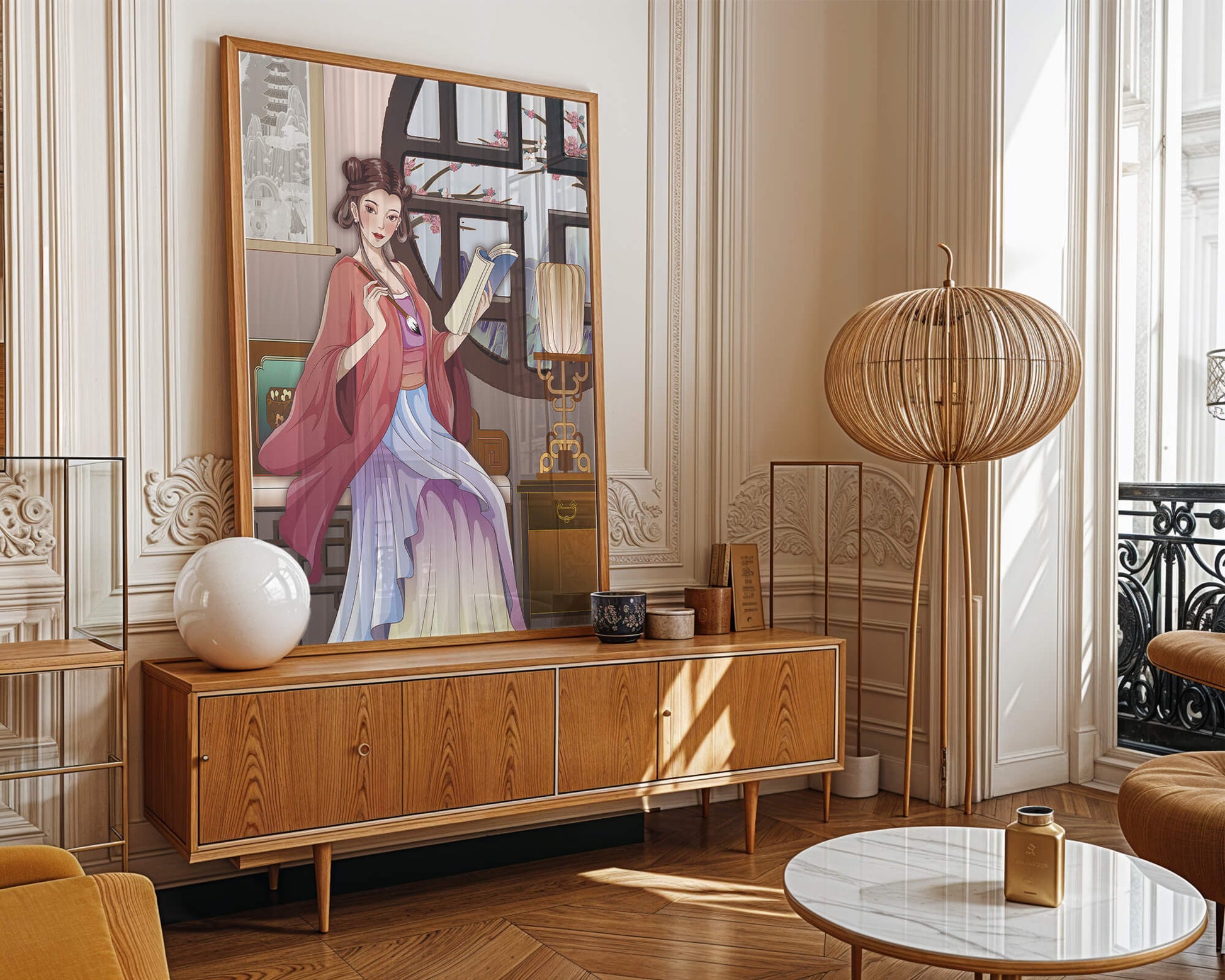 Illustrated scene of a woman in traditional attire reading by a window