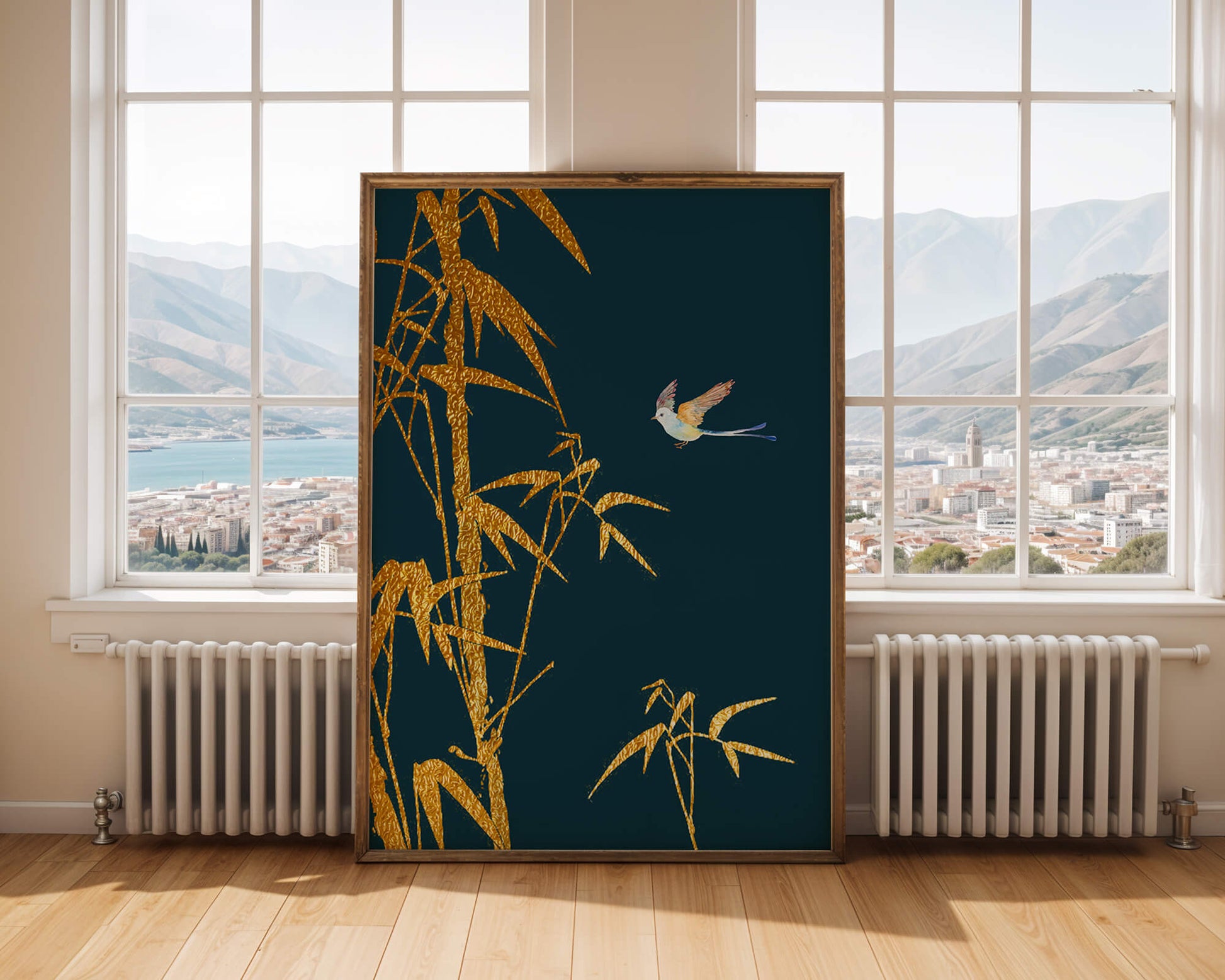 Golden bamboo and bird against a deep blue background