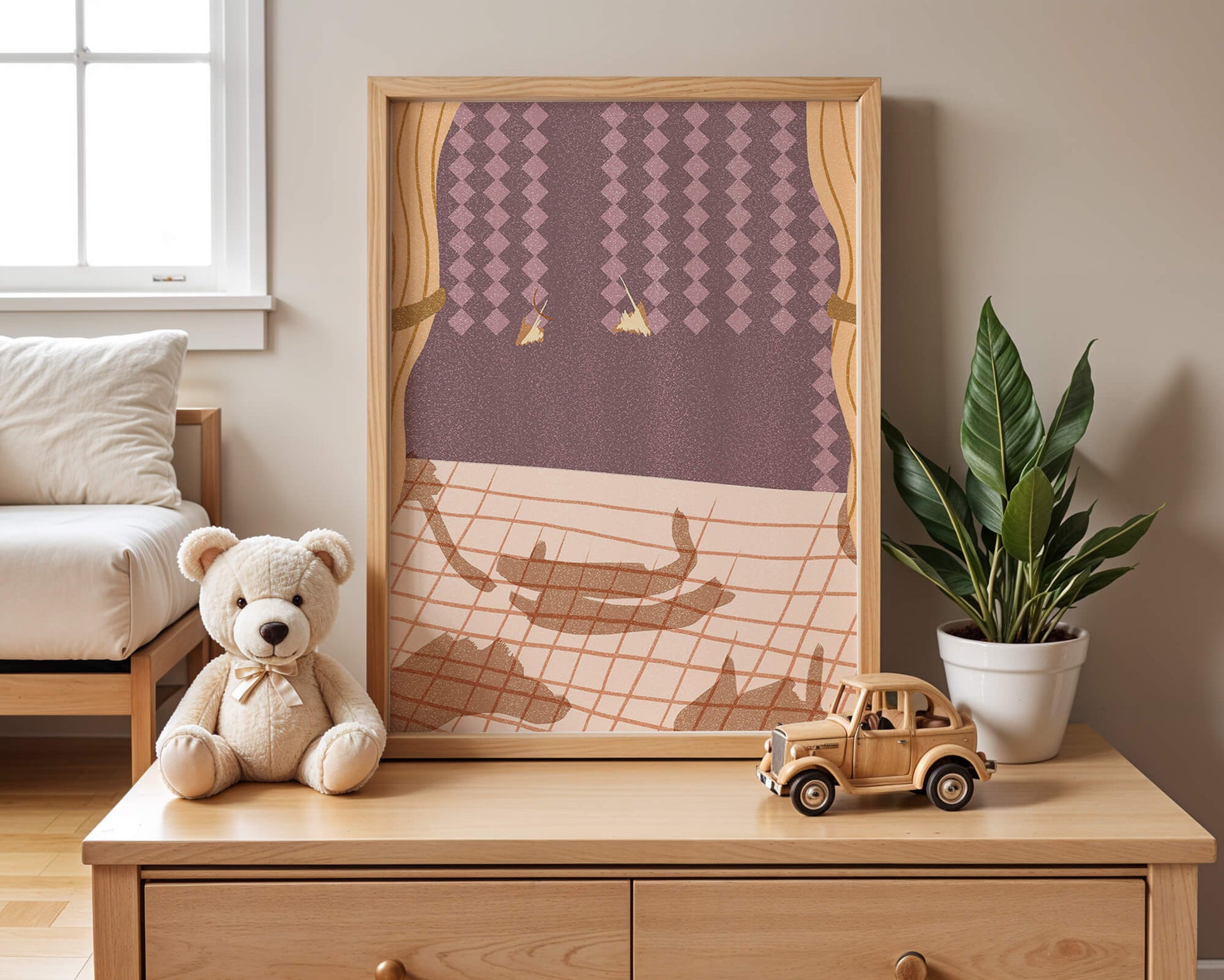 Abstract Interior with Cats' Shadows on Checkered Floor