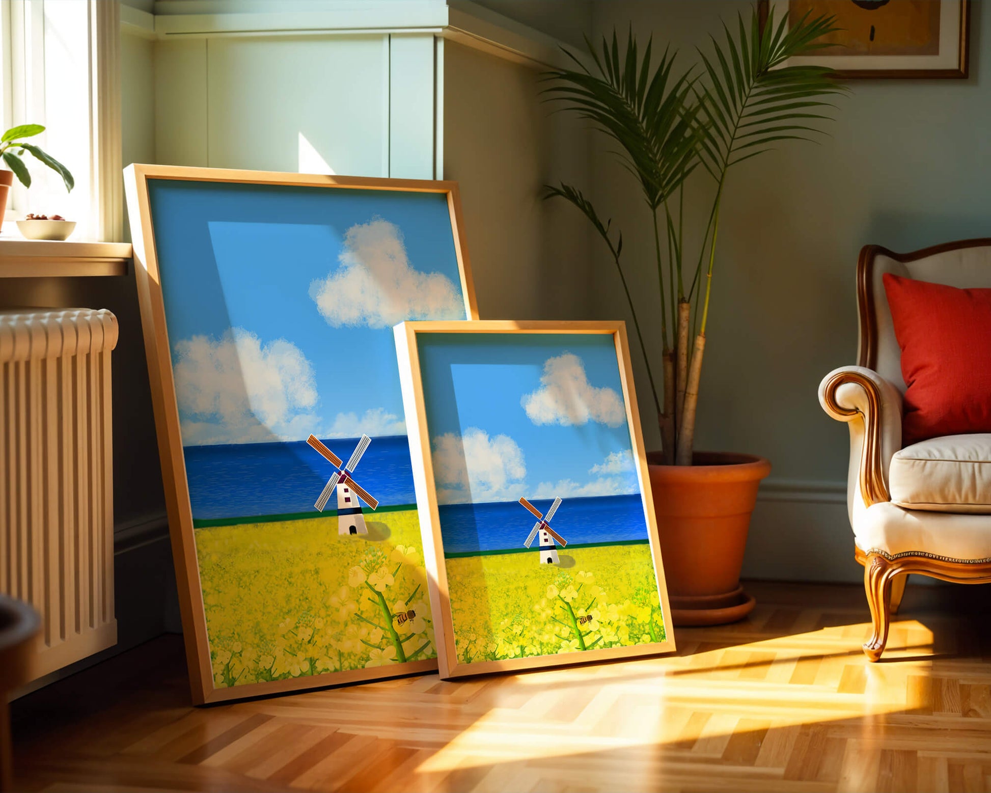 Scenic landscape with windmill in blooming field by the sea