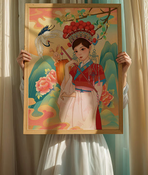 Elegante traditionelle chinesische Illustration mit einer Frau in lebendiger Kleidung mit Blumen- und Tiermotiven
