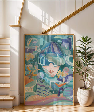 Futuristic digital art with virtual reality and technology themes