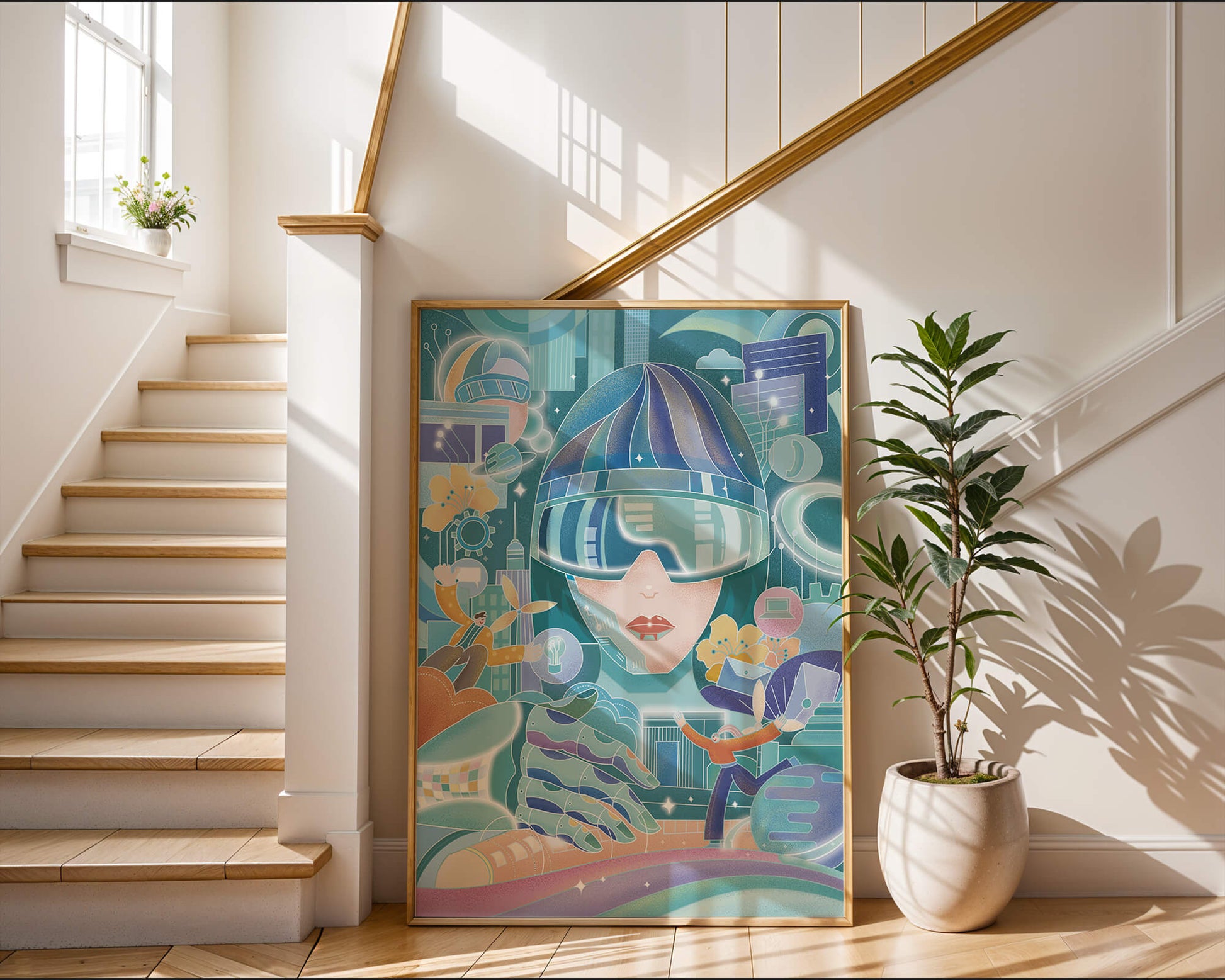 Futuristic digital art with virtual reality and technology themes