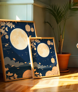 Full Moon Night with Lanterns and Falling Leaves in Tranquil Landscape