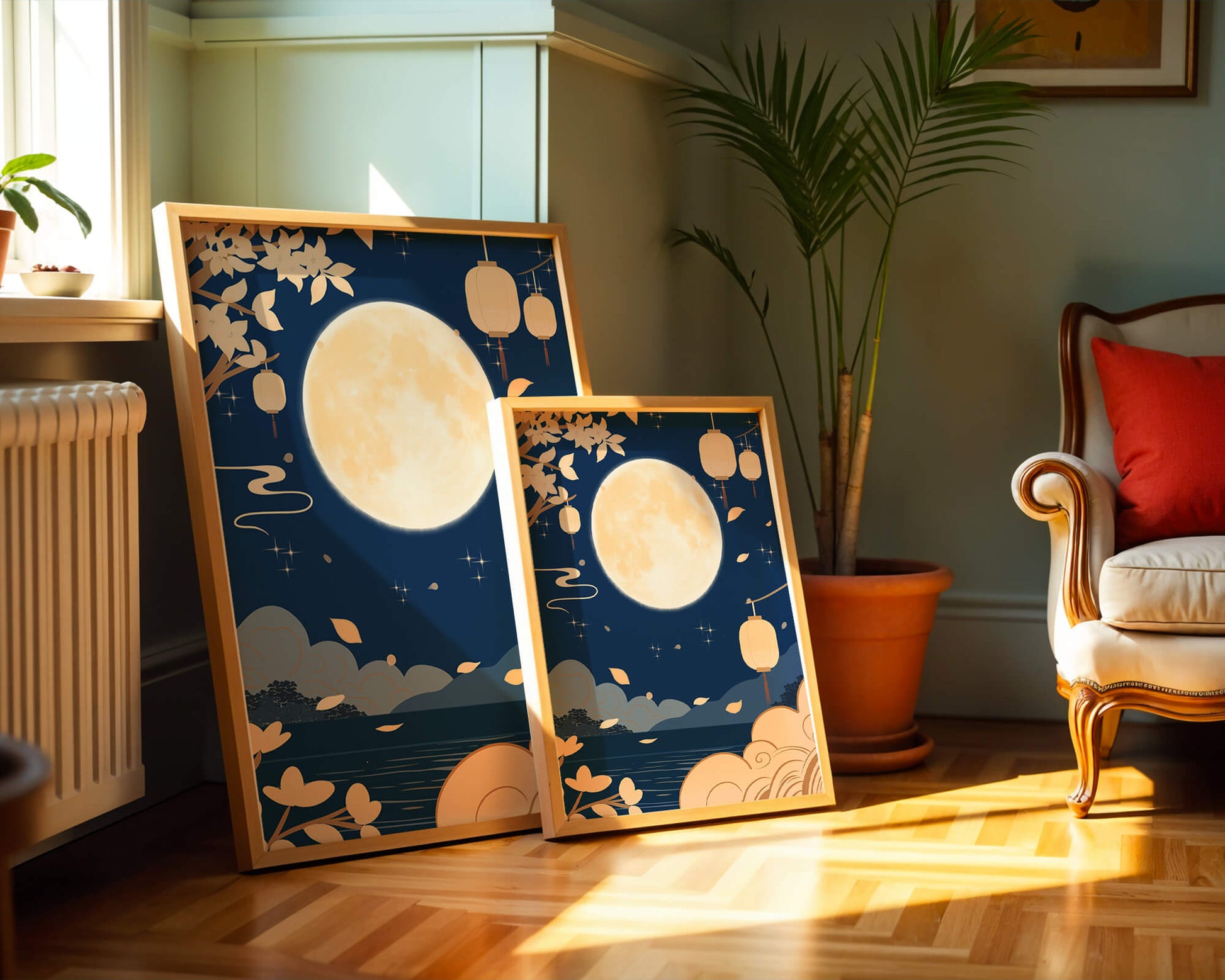 Full Moon Night with Lanterns and Falling Leaves in Tranquil Landscape