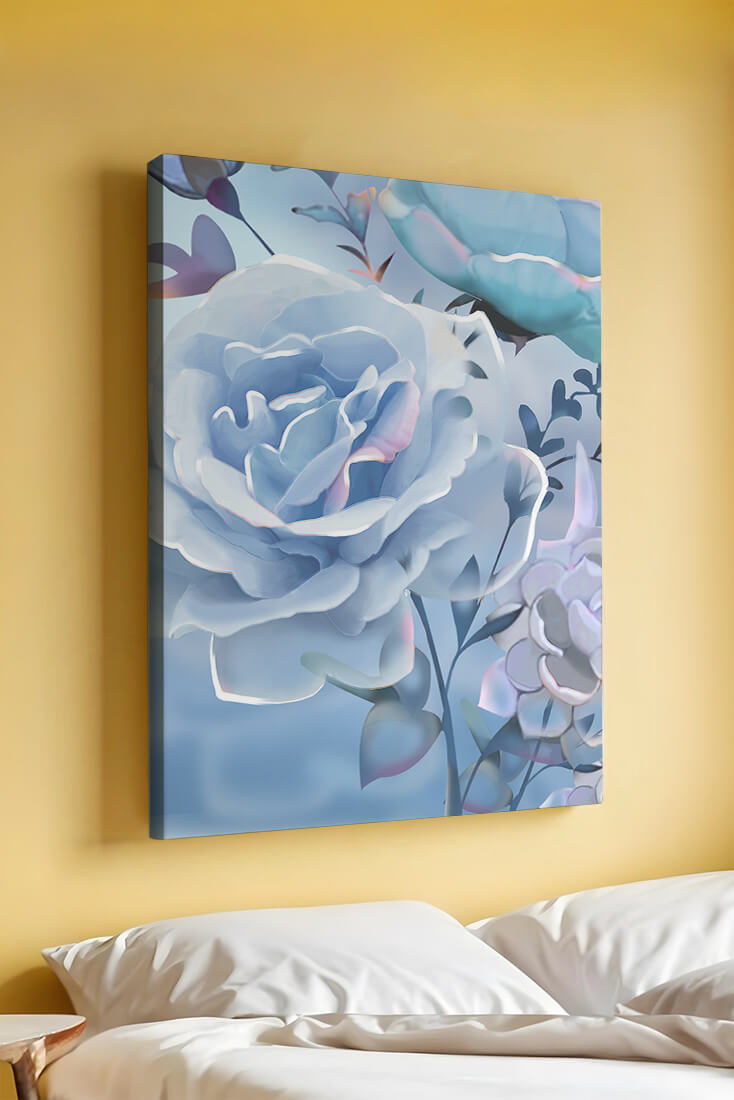 Rosas azules serenas con hojas delicadas sobre fondo suave