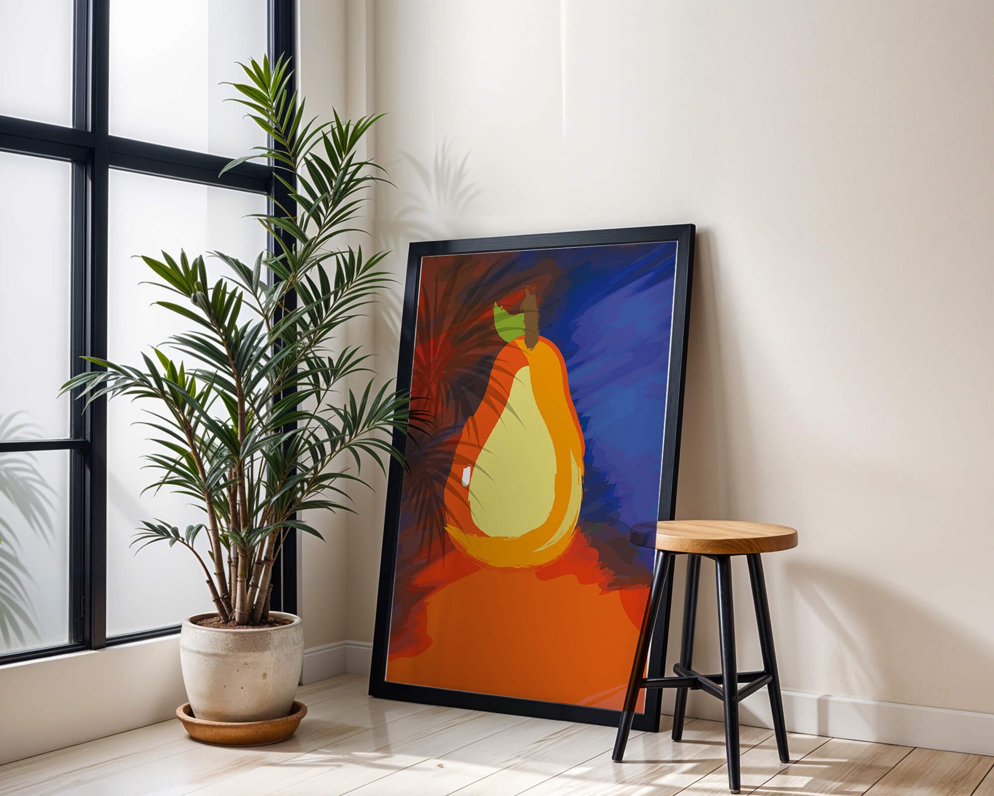Pintura abstracta de una pera colorida sobre un fondo vibrante.