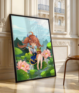 Chica de anime sentada en hojas de lirio con montañas al fondo