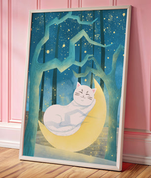Cat sleeping on the moon in an enchanted forest under the starry sky