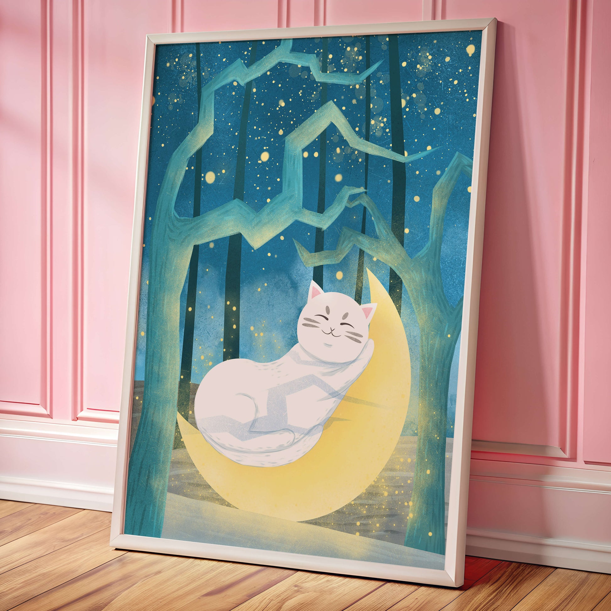 Cat sleeping on the moon in an enchanted forest under the starry sky