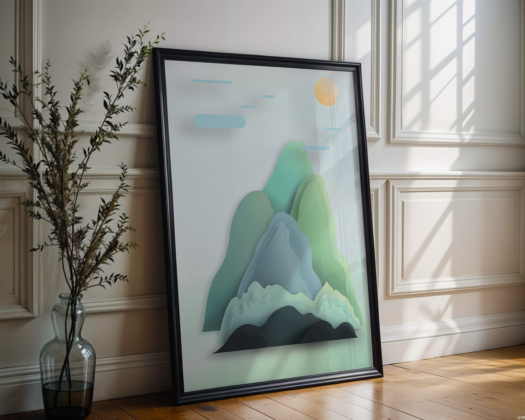 Minimalistic mountain landscape with vibrant colors and abstract layers