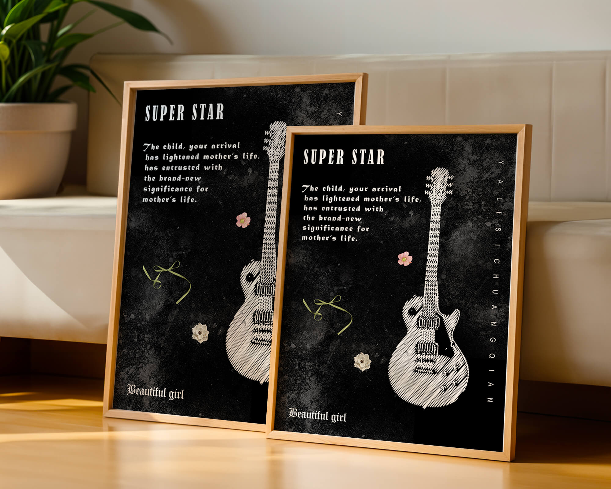 Artistic black and white guitar illustration with heartfelt text