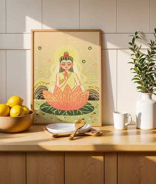 Heitere Illustration einer meditativen Figur auf einem Lotus mit himmlischem Hintergrund