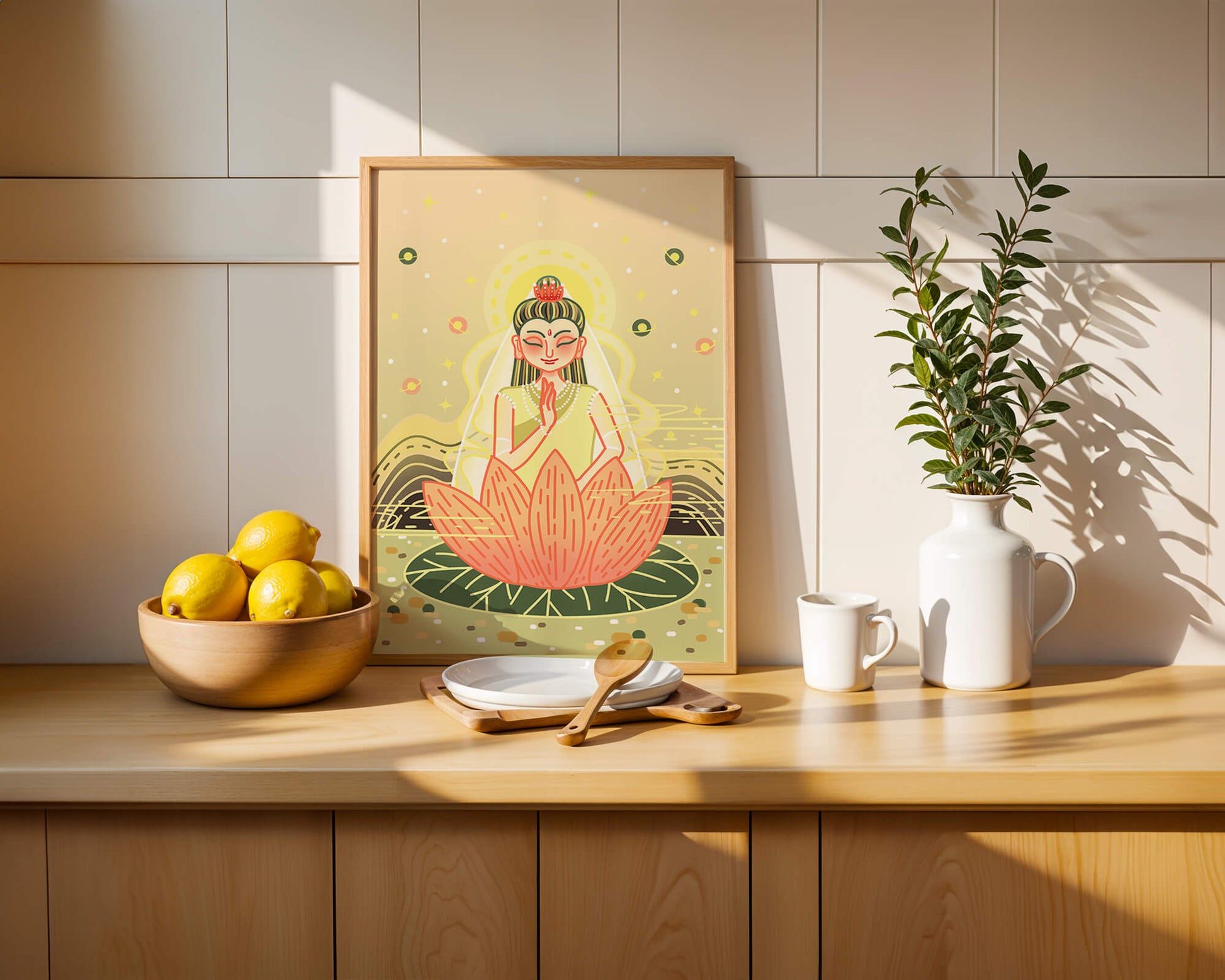 Serene illustration of meditative figure on a lotus with celestial background