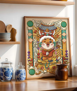 Bunte Illustration eines niedlichen Tieres in traditioneller Festtagskleidung mit goldenen Elementen