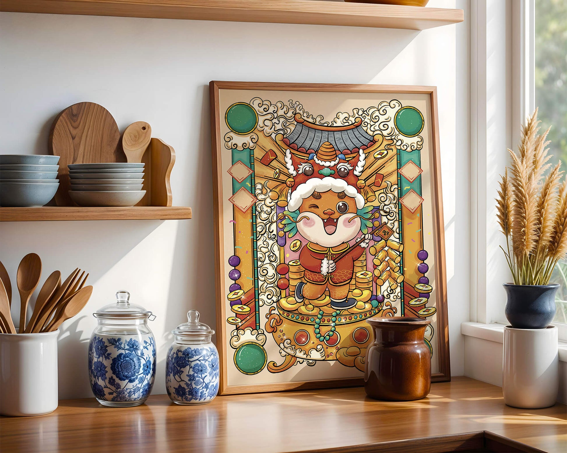 Ilustración colorida de un animal lindo en atuendo festivo tradicional con elementos dorados