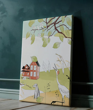 Tranquil rural landscape illustration with house, dog, and crane
