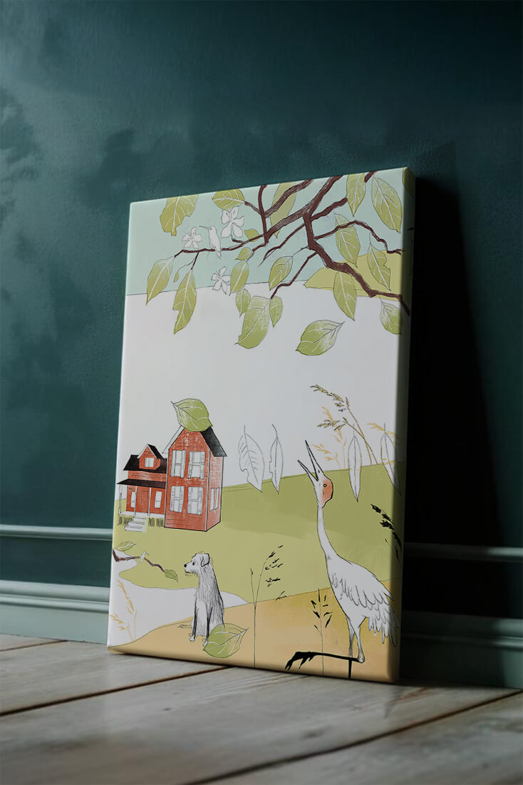 Tranquil rural landscape illustration with house, dog, and crane