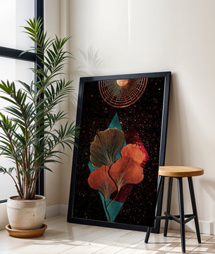 Traducción al español: Ilustración floral cósmica abstracta con elementos geométricos y acentos dorados