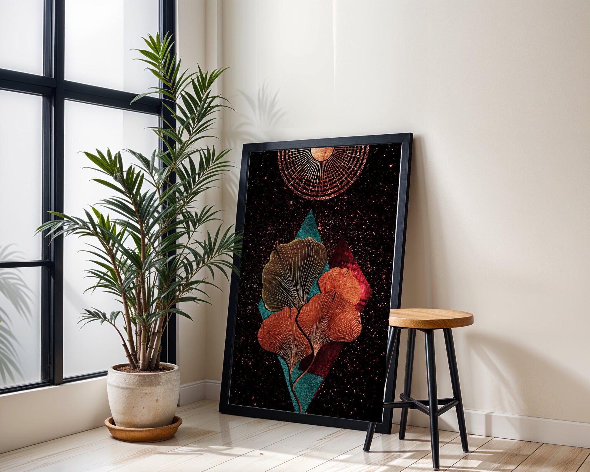 Traducción al español: Ilustración floral cósmica abstracta con elementos geométricos y acentos dorados