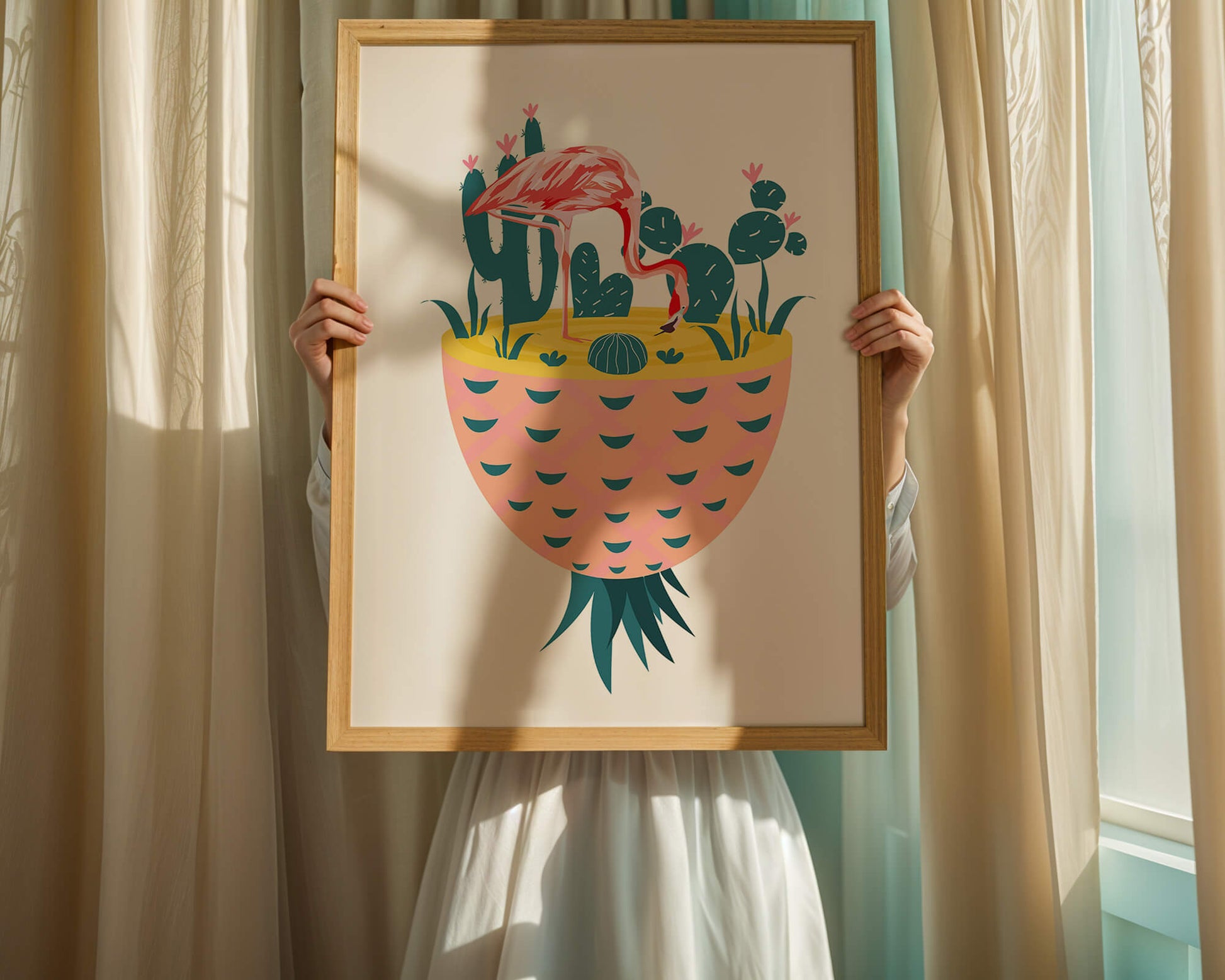Ilustración de flamenco con cactus en jarrón de piña