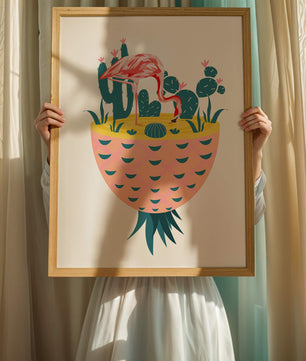 Flamingo with Cacti in Pineapple Vase Illustration