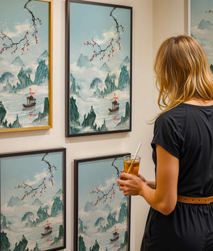 Chinese Landscape with Cherry Blossoms and Boat in Misty Mountains - Mi tienda